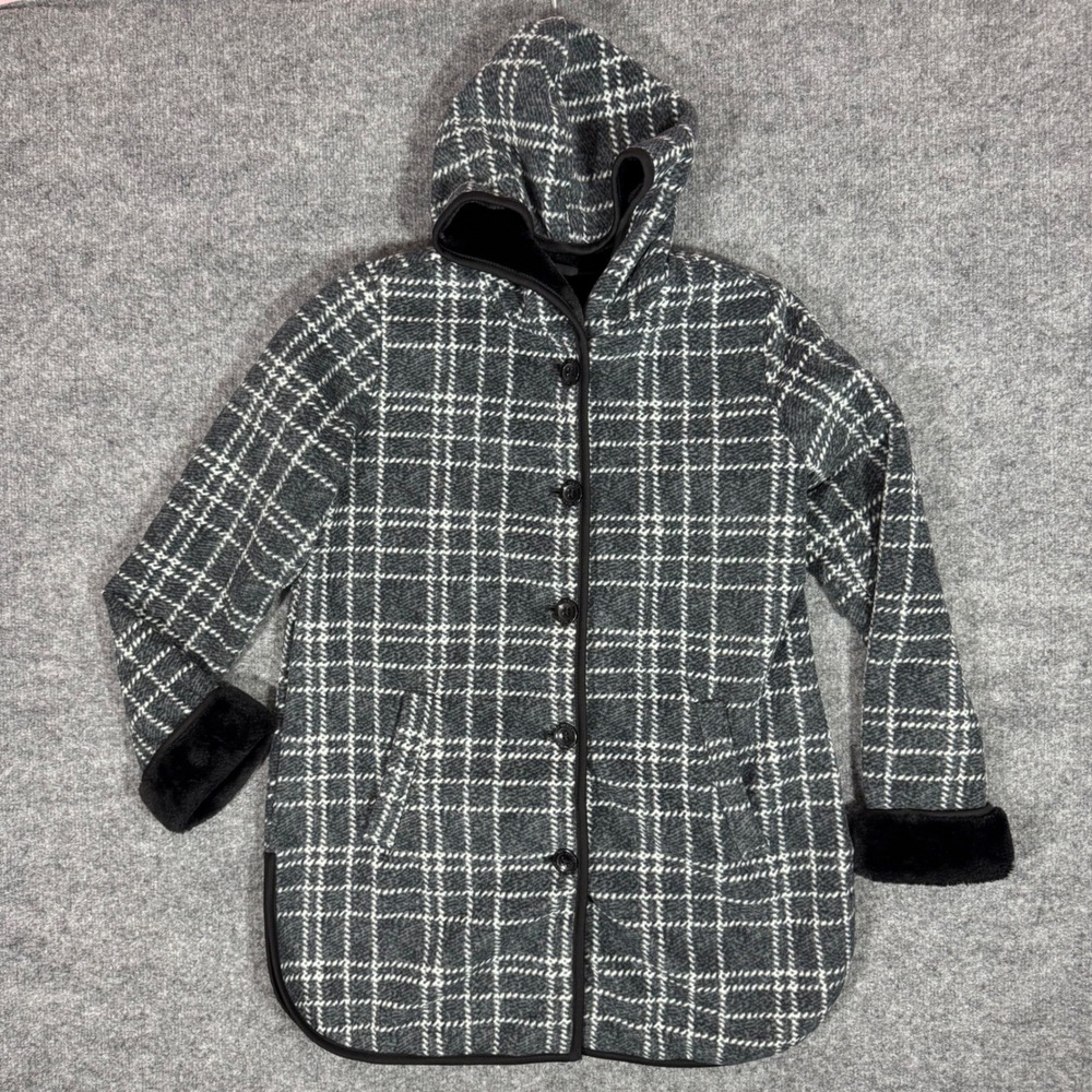 Ike Behar Plaid Fleece Faux Fur Trim Hooded Jacket Womens Size M Grey EUC